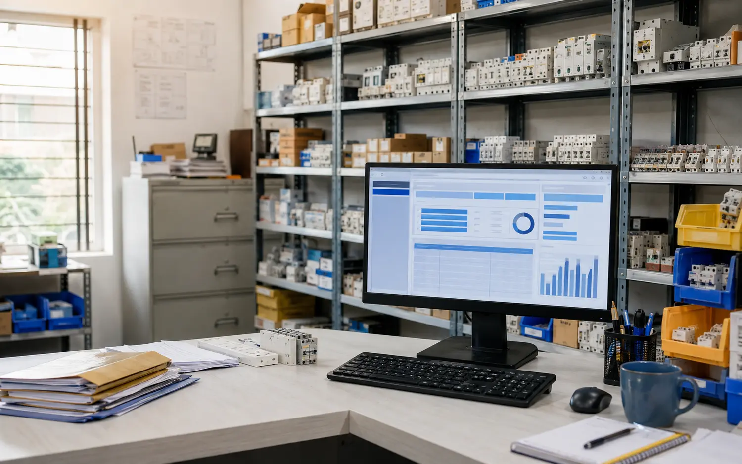 Organized SME operations workspace with electrical inventory and business-management technology
